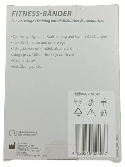 Dittmann Fitness-Bänder 2er Set Widerstandsband Latex 160cm Rot Blau