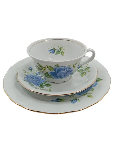CreaTable Kaffeetasse Untertasse Kuchenteller Porzellan Rosen Blau Weiß Gold