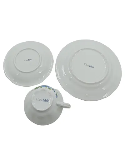 CreaTable Kaffeetasse Untertasse Kuchenteller Porzellan Rosen Blau Weiß Gold