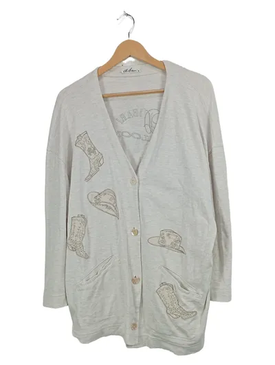 DIBARI Damen Strickjacke Cardigan Beige Gr. 38 M Applikationen Vintage