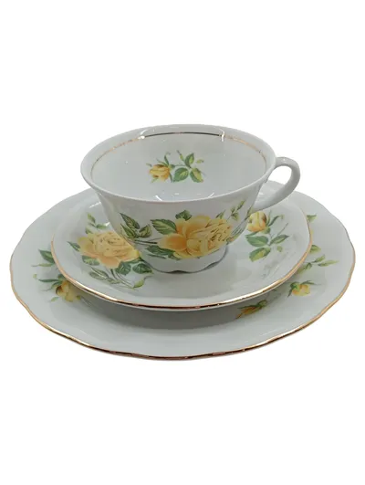 CreaTable Teeservice 3tlg Tasse Untertasse Teller Gelbe Rosen Porzellan
