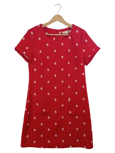 Yumi Kleid Damen Rot Segelboot Muster Kurzarm A-Linie Gr. 38