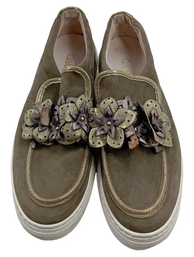 Gabor Damen Slipper Wildleder floral Applikation Oliv Gr. 40.5