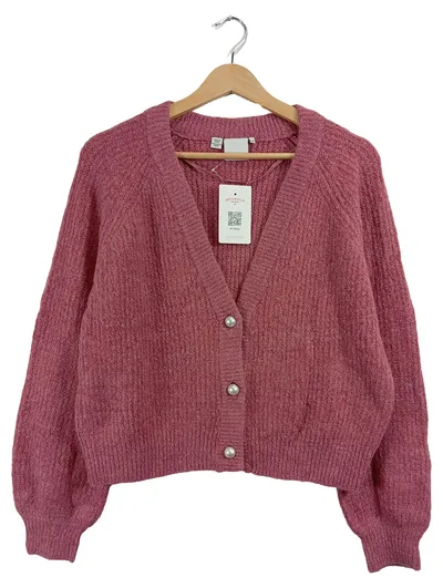 ICHI Damen Strickjacke Rosa Gr. 34, XS V-Ausschnitt Perlenknöpfe