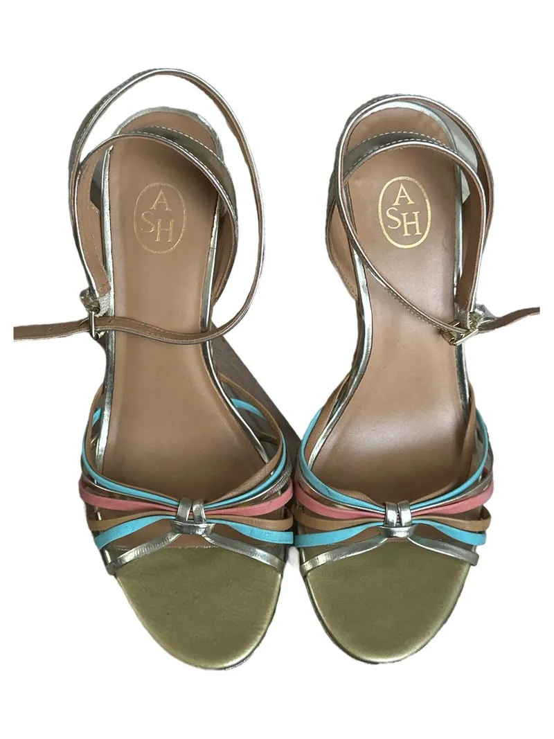 ASH Wedges Sandaletten Damen Gr. 39 Gold Türkis Rosa Keilabsatz Leder 3