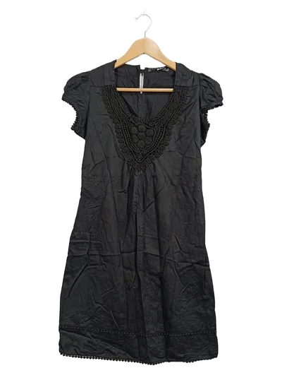 Lolita Damen Kleid Gr. 42 Schwarz Bohemian Häkel-Verzierung Freizeitkleid