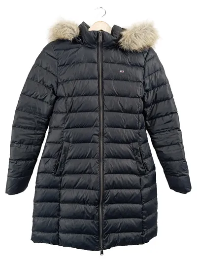 Tommy Jeans Damen Steppmantel Daunenmantel Kapuze Fellbesatz Schwarz Gr. M