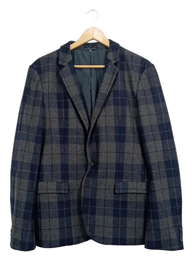 HUGO BOSS Herren Sakko Gr. 50 Kariert Wolle Grau Blau Blazer