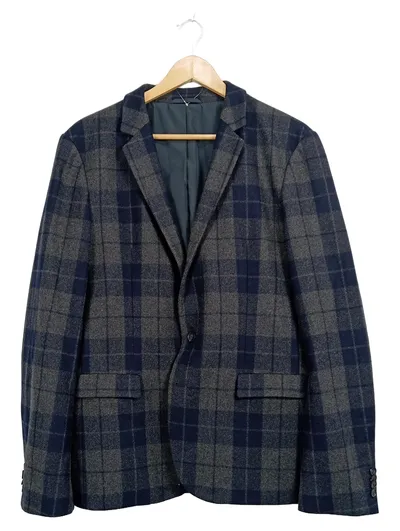 HUGO BOSS Herren Sakko Gr. 50 Kariert Wolle Grau Blau Blazer
