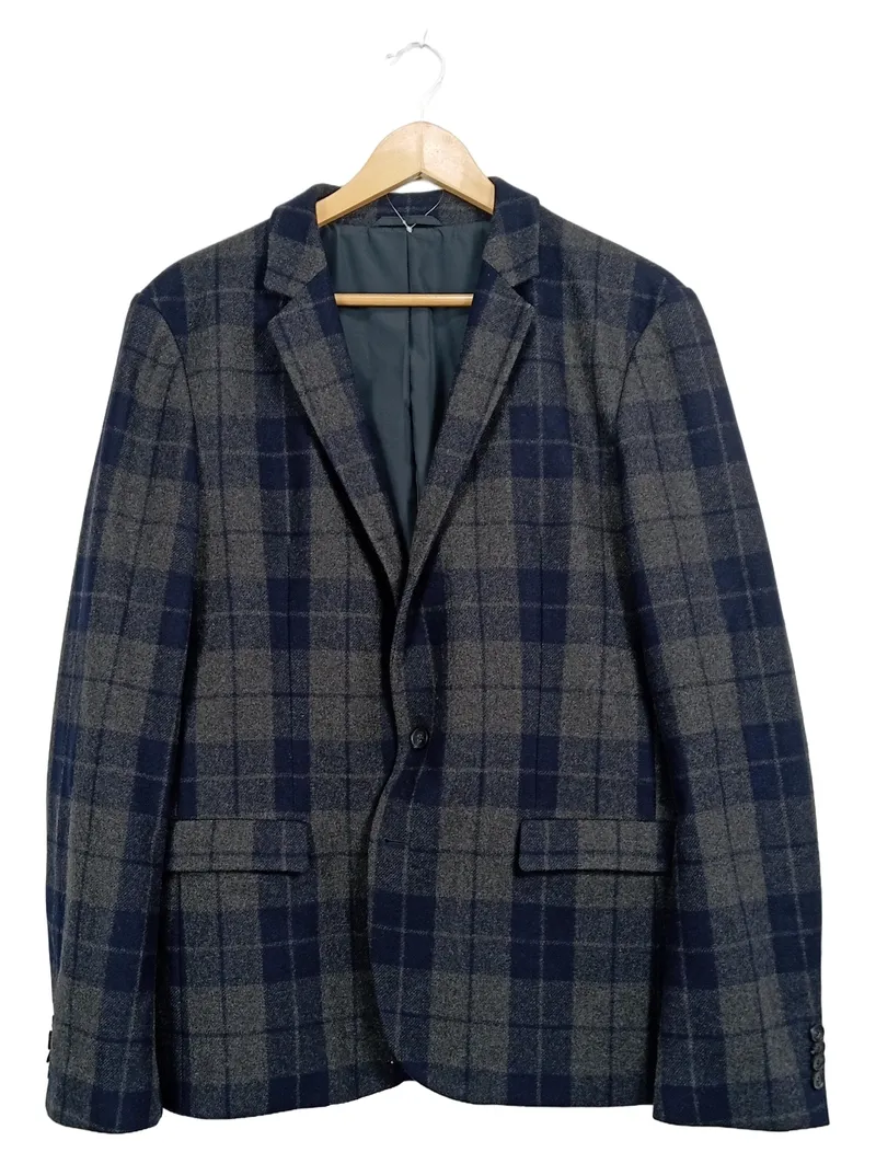 HUGO BOSS Herren Sakko Gr. 50 Kariert Wolle Grau Blau Blazer 2