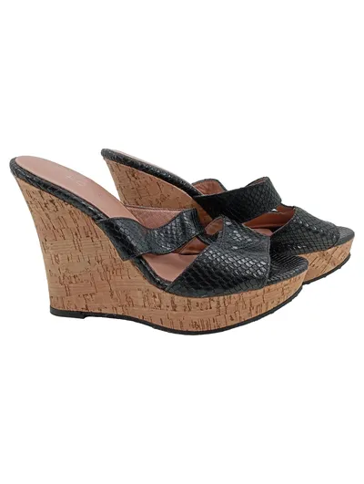 Hotiç Damen Pantoletten Keilabsatz Sandalen Schwarz Gr. 38 Schlangenoptik