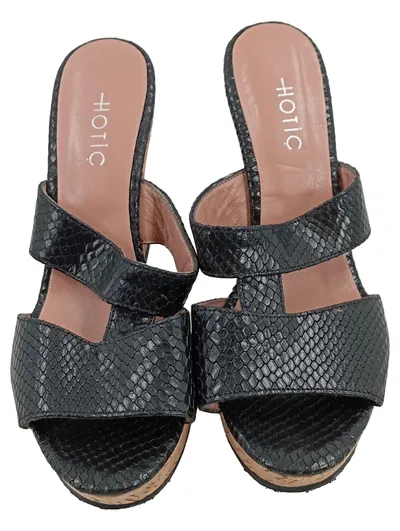 Hotiç Damen Pantoletten Keilabsatz Sandalen Schwarz Gr. 38 Schlangenoptik