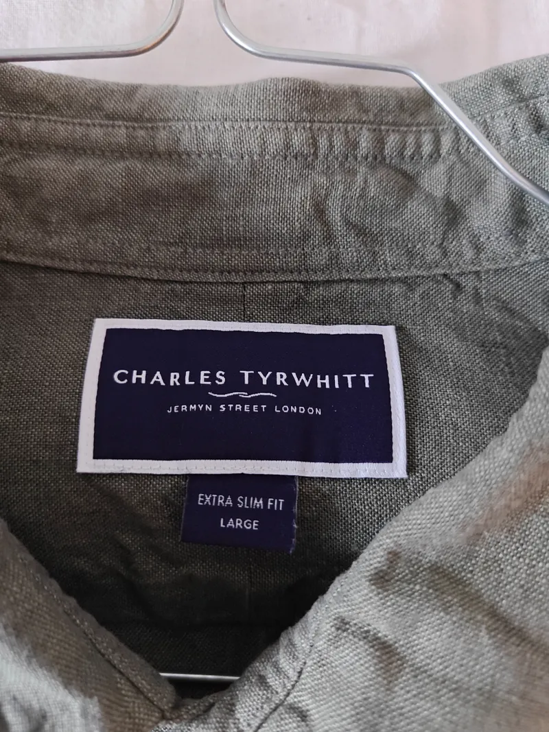 Charles Tyrwhitt Herren Leinenhemd Business Hemd Grün Gr. L Extra Slim Fit 3