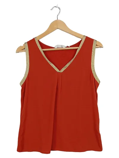 NAF NAF Damen Top Gr. M ärmellos V-Ausschnitt Goldborte Rot Elegant