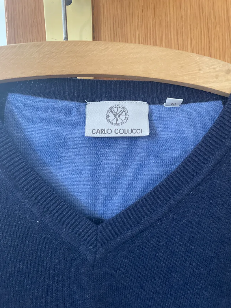 Carlo Colucci Herren Pullover V-Ausschnitt Blau Gr. M Baumwolle Kaschmir 3