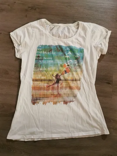 Mavi Damen T-Shirt Print Motiv Mädchen Ballons Weiß Gr. M