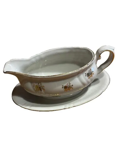 Bavaria Sauciere mit Unterteller Porzellan Weiß Gold Blumenmuster Klassisch