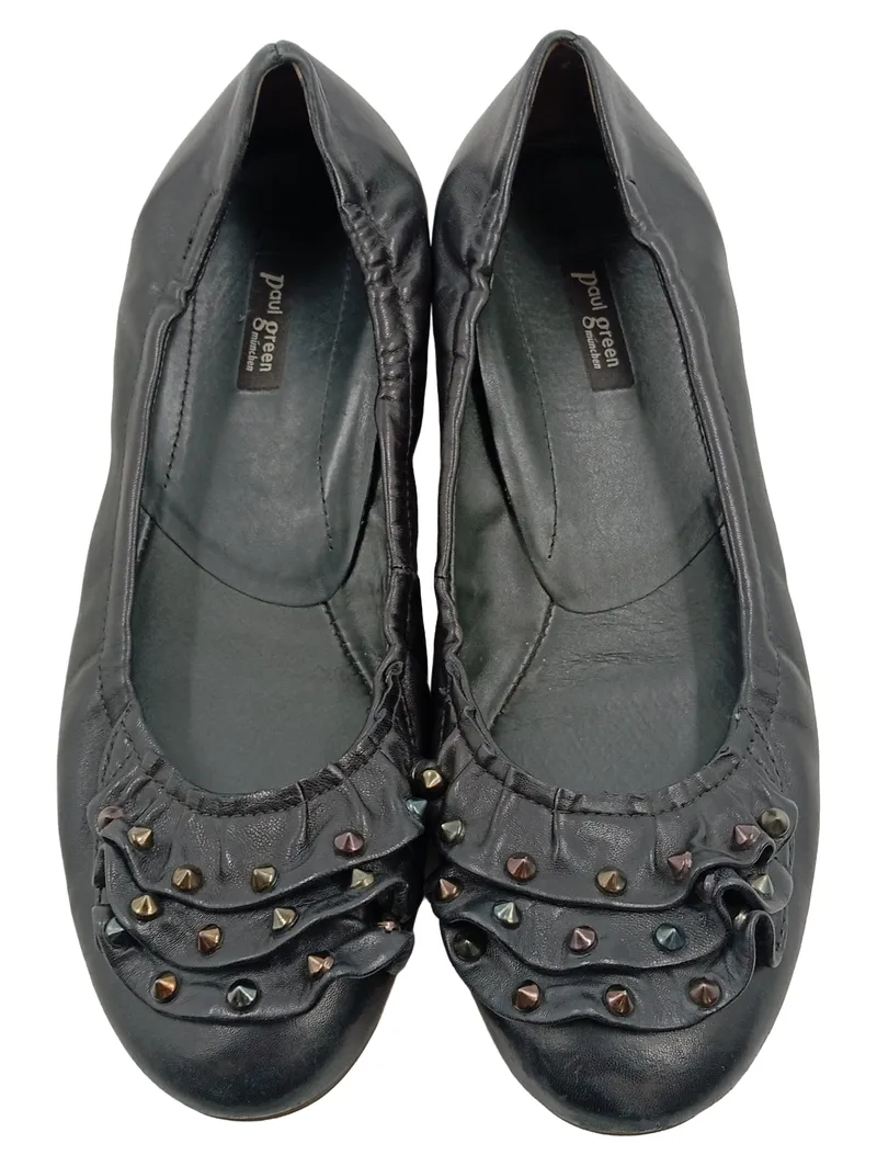 Paul Green Ballerinas Damen Leder Schwarz Nieten Rüschen Gr. 39 2