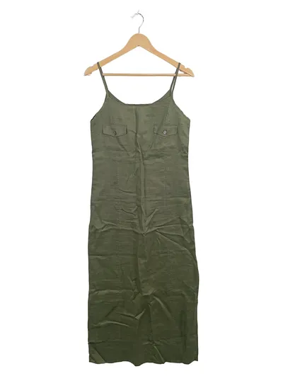 Stefanel Trägerkleid Damen Gr. M Oliv Ramie Sommerkleid Maxi Lang