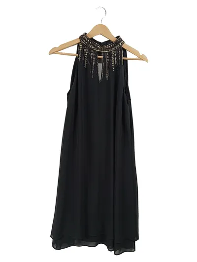 Comma Abendkleid Damen Gr. 38 Schwarz Pailletten Perlen Elegant