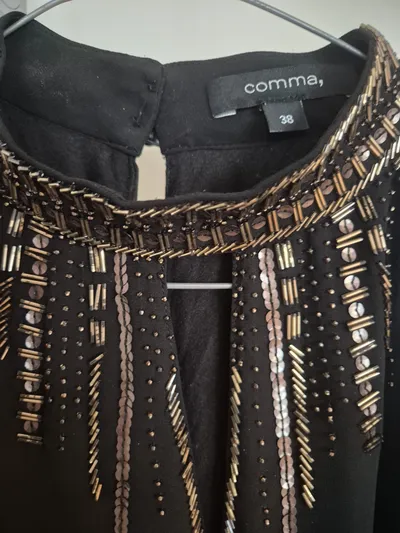 Comma Abendkleid Damen Gr. 38 Schwarz Pailletten Perlen Elegant