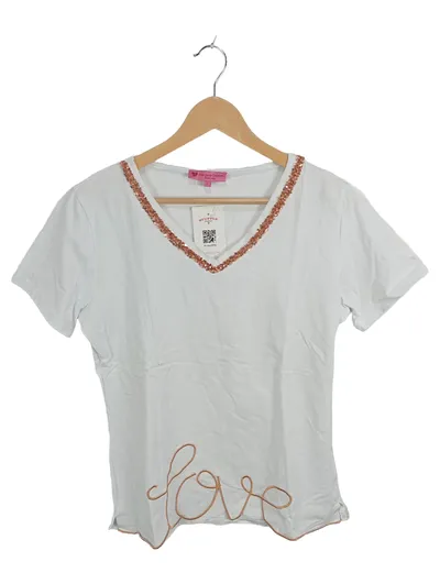 Princess & Queens Damen T-Shirt Weiß Pailletten V-Ausschnitt Love Gr. L