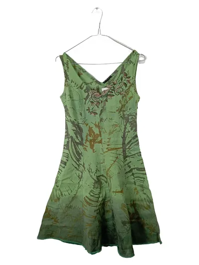 SISLEY Damen Sommerkleid Gr. S/40 Grün Bestickt Leinen Bohemian
