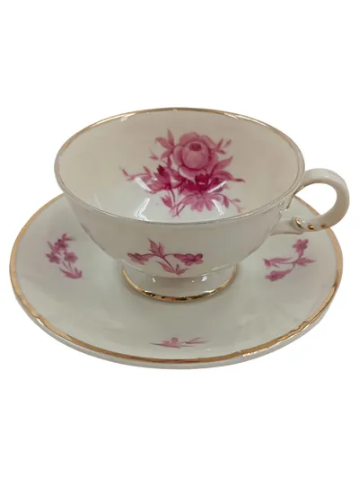 Arabia Finland Kaffeetasse mit Untertasse Porzellan Rosa Rosen Vintage