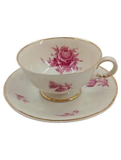 Arabia Kaffeetasse mit Untertasse Porzellan Blumenmuster Rosa Gold Vintage
