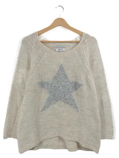 iSilk Damen Pullover Stern Applikation Beige Gr. L-XL Strick Casual