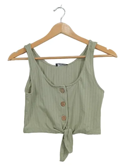 Zaful Damen Crop Top Grün Gr. 36 S Knopfleiste Knoten Rippstrick Casual