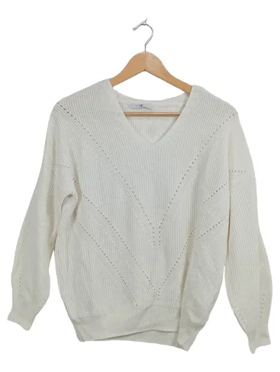 Hailys Damen Pullover V-Ausschnitt Strick Weiß Gr. XS Lochmuster