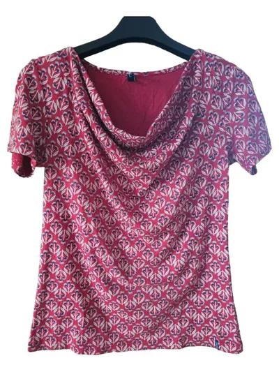 Tranquillo Damen Pullover Gr. 40 L Rot Florales Muster Kurzarm Casual