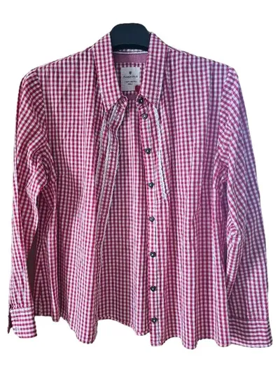 Basefield Trachtenbluse Damen Kariert Rot Gr. 42/XL Spitze Stickerei