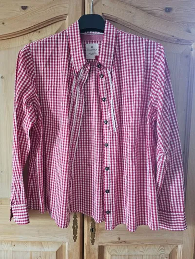 Basefield Trachtenbluse Damen Kariert Rot Gr. 42/XL Spitze Stickerei