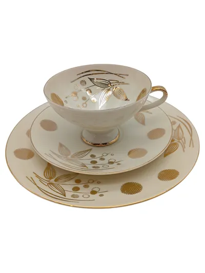 Winterling Sammelgedeck 3-tlg Porzellan Weiß Goldrand Blattmuster Kaffeetasse