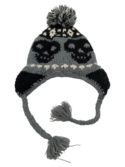 Dotti Damen Mütze Inkamütze Grau Totenkopfmuster Bommel Streetwear Polyacryl
