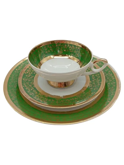 Bavaria Sammelgedeck 3-teilig Tasse Untertasse Teller Grün Gold Floral Porzellan