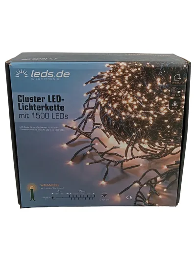 leds.de Cluster LED-Lichterkette 1500 LEDs Warmweiß 19m Innen Außen IP44