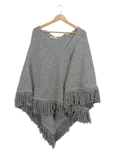 MANGO Damen Cardigan Poncho Grau Meliert Fransen Strick UNI