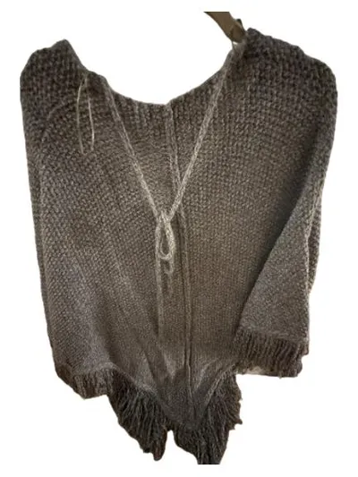 MANGO Damen Cardigan Poncho Grau Meliert Fransen Strick UNI