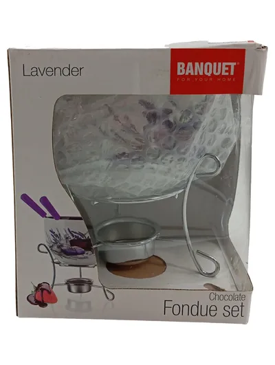 Schokoladen Fondue Set Lavender Glas Schale Metallständer Teelicht
