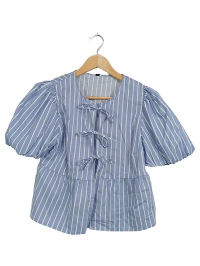 FB SISTER Damen Bluse Gr. S Blau Weiß Gestreift Puffärmel Schleife