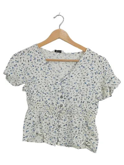 Pigalle Damen Bluse Gr. 36 S Kurzarm Blumenmuster Weiß Blau Romantic