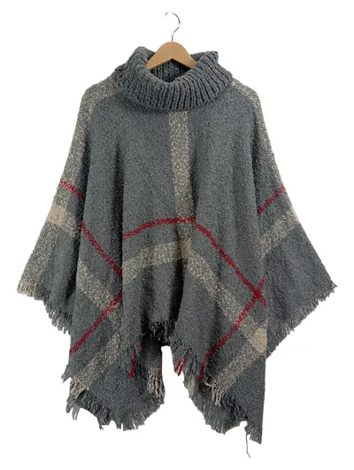 Sarah Kern Damen Poncho Grau Kariert Rollkragen Fransen Gr. UNI
