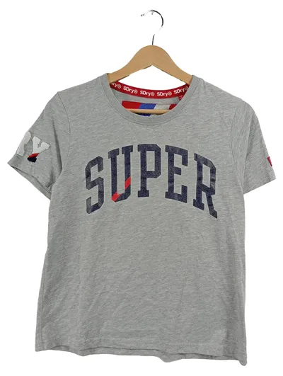 Superdry Damen T-Shirt Kurzarm Grau SUPER Print Gr. 36 S Casual
