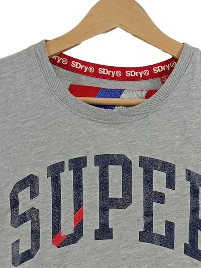 Superdry Damen T-Shirt Kurzarm Grau SUPER Print Gr. 36 S Casual