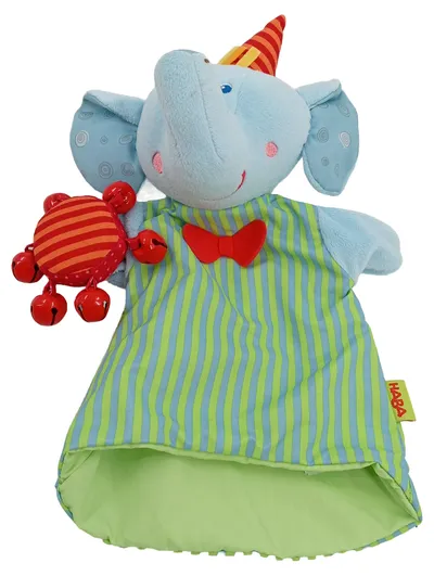 HABA Handpuppe Elefant mit Partyhut Kuscheltier Blau Gestreift 30cm