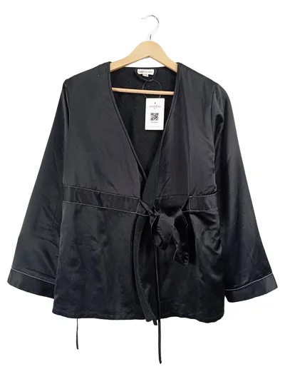 Darjeeling Damen Kimono Jacke Satin Optik Schwarz Gr. 36/S Bindegürtel