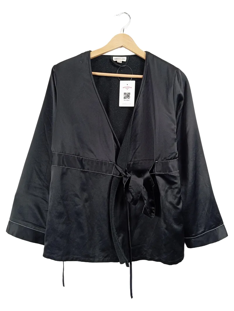 Darjeeling Damen Kimono Jacke Satin Optik Schwarz Gr. 36/S Bindegürtel 1